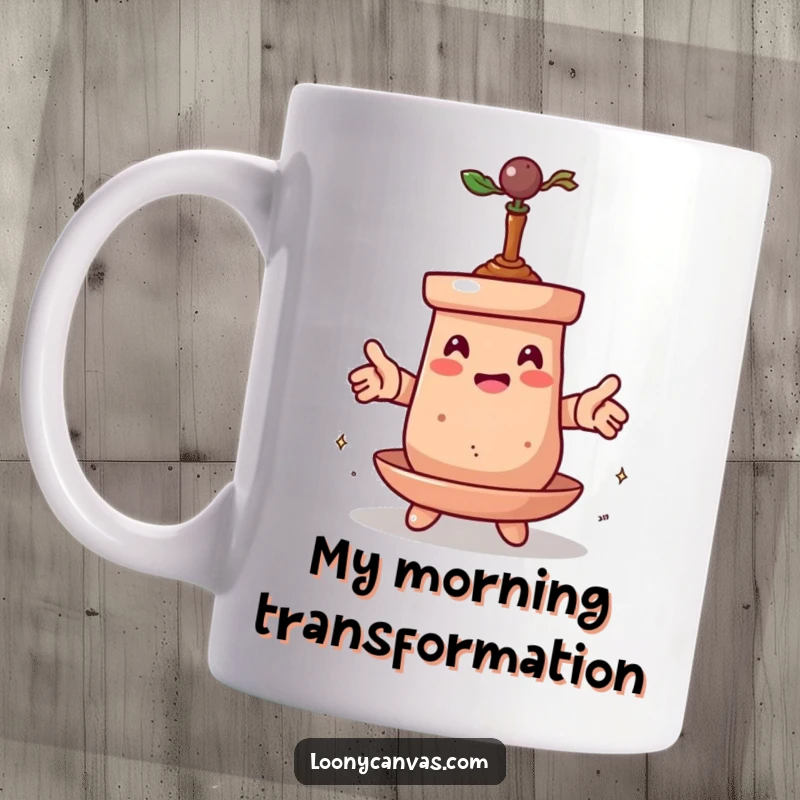 Funny mug showing a clay pot character in mid-spin and transformation, with swirling lines indicating its dynamic, self-altering nature.