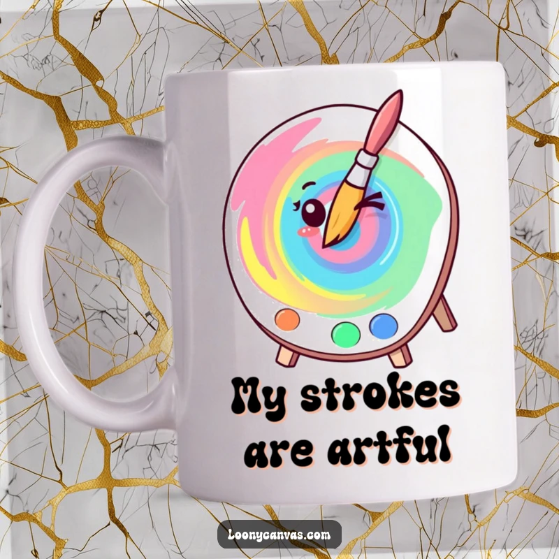 Funny kawaii winking paintbrush creating a vibrant swirl on an art palette, ideal for artists and creative gift seekers.