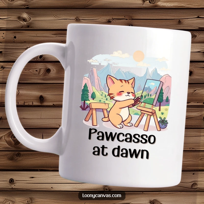 Funny cat artist mug featuring a frantic cat intensely painting a bizarre, surreal landscape with energetic brushstrokes.