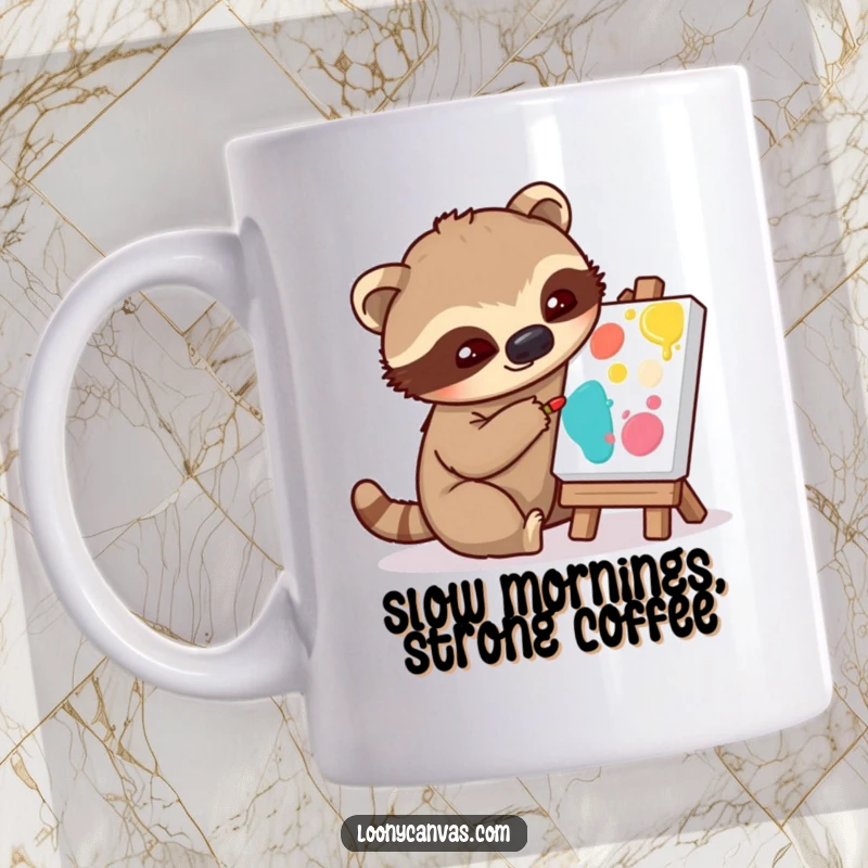 Funny sloth mug showing a happy sloth character slowly painting on a tiny canvas with a paintbrush, a humorous and artistic scene.
