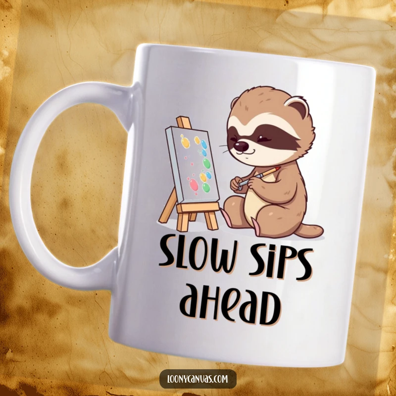 Funny playful sloth character slowly dabbing paint onto a tiny canvas on a coffee mug, humorous art gift.