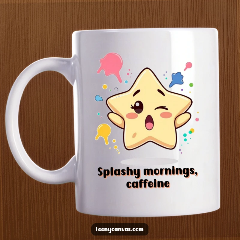 Funny mug showing a surprised star character playfully winking while juggling vibrant paint splatters, embodying artistic fun.