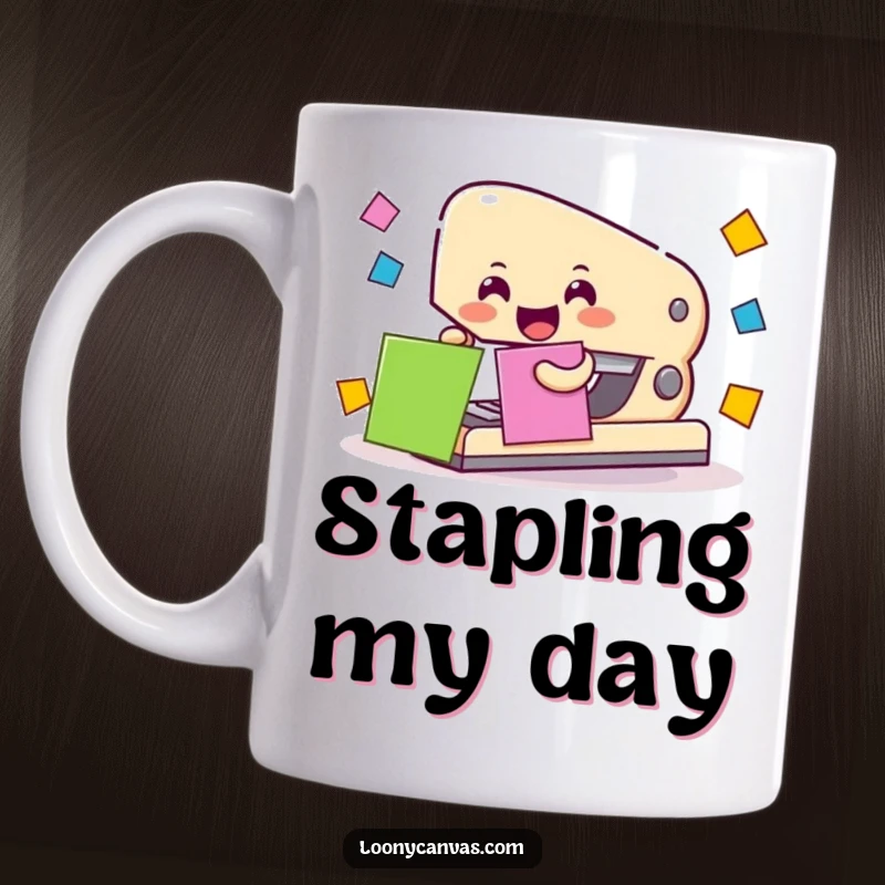 Funny cheerful stapler character enthusiastically joining colorful paper squares, on a mug.