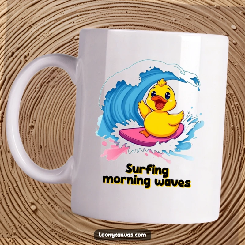 Funny kawaii excited rubber ducky surfing a vibrant paint wave on a mug, perfect for art lovers and as a humorous gift.