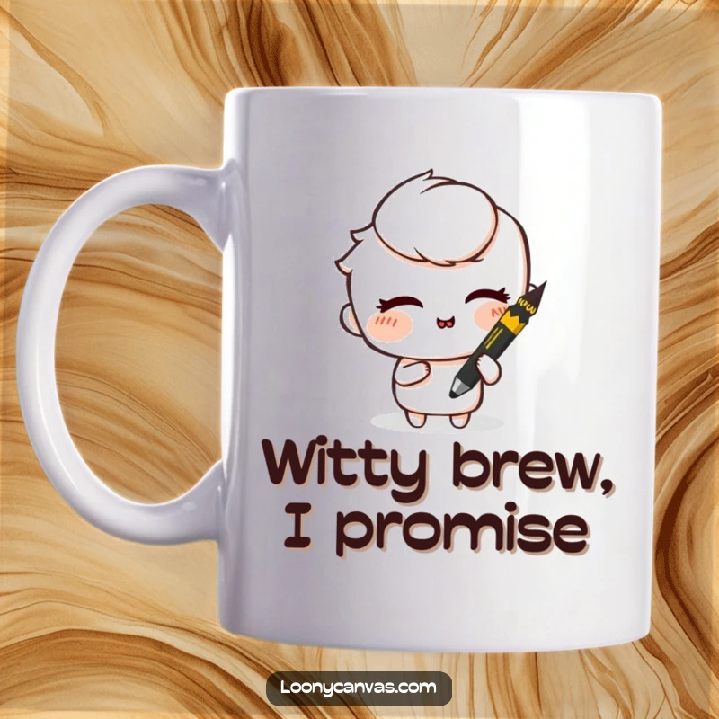 Funny mug showing a mischievous charcoal stick smudging a drawing while giving a wink, exuding playful artistry.