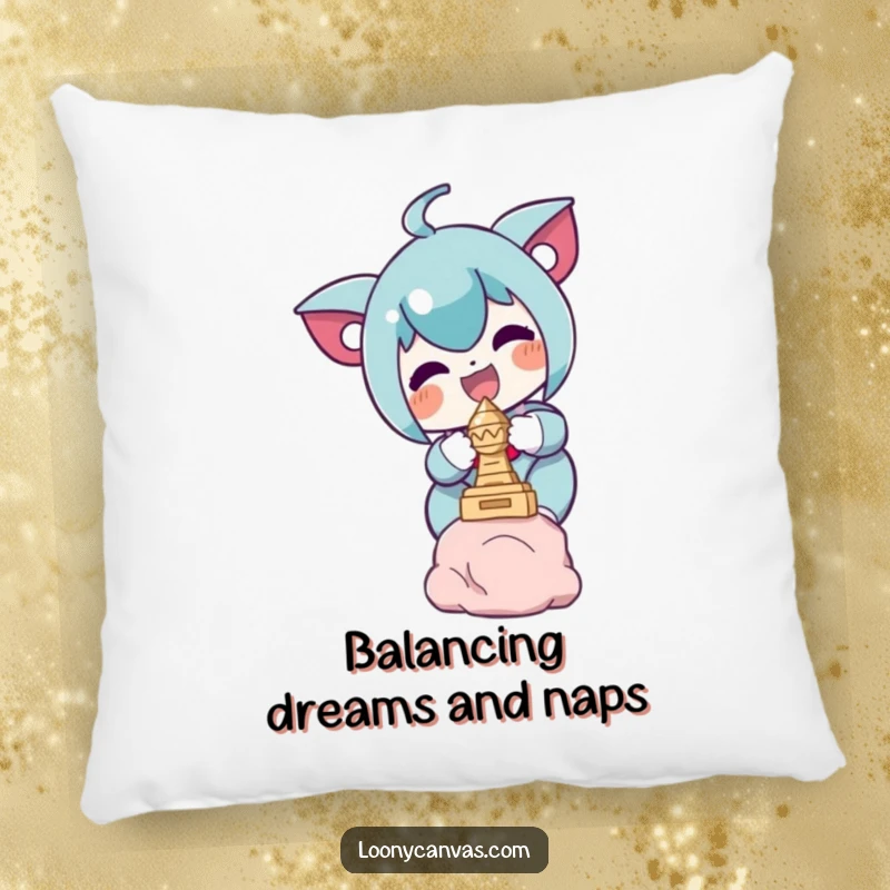 Funny pillow with a design of a delighted character focused on balancing a small sculpture, bringing humor and comfort.