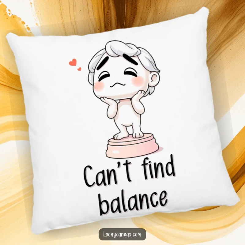Funny pillow design of a confused sculpture wobbling unstably on its base, a humorous and soft accent for any room.
