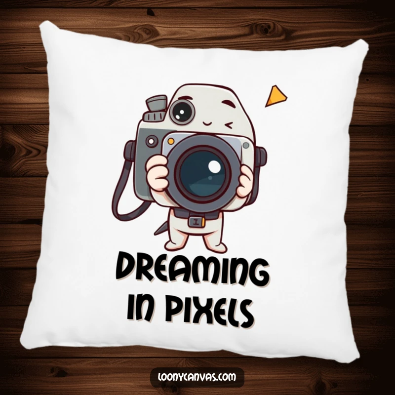 Funny pillow showing a happy camera character focused on capturing a weird and wonderful fleeting moment.