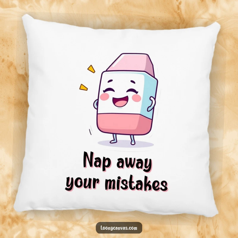 Funny pillow featuring a gleeful eraser character joyfully erasing a massive, nonsensical drawing with a big smile.