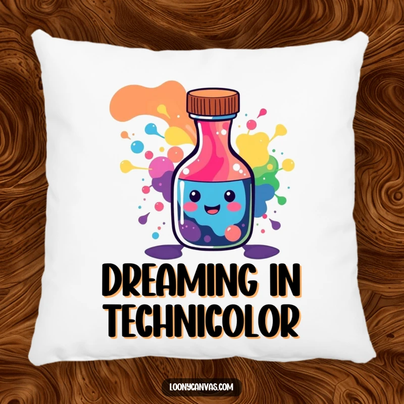 Funny pillow featuring a smiling ink bottle character spilling a beautiful, abstract rainbow of colorful patterns.