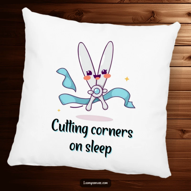 Funny pillow featuring a delighted scissors character happily snipping a flowing ribbon, offering comfort and cheerful decor.