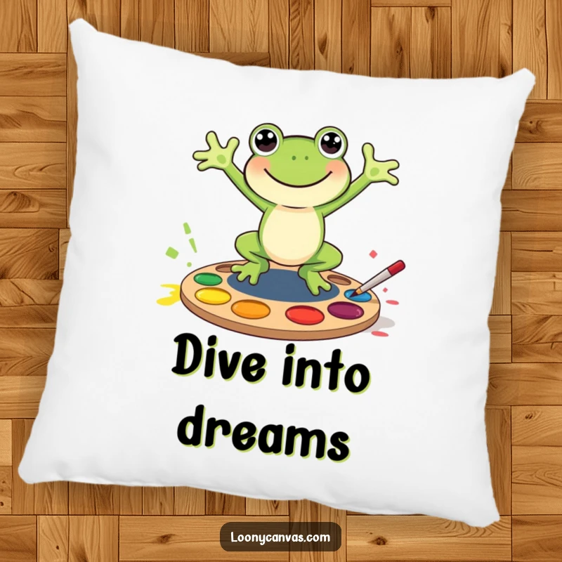 Funny joyful frog character jumping into a paint palette, this soft pillow is a funny gift for cozy spaces.