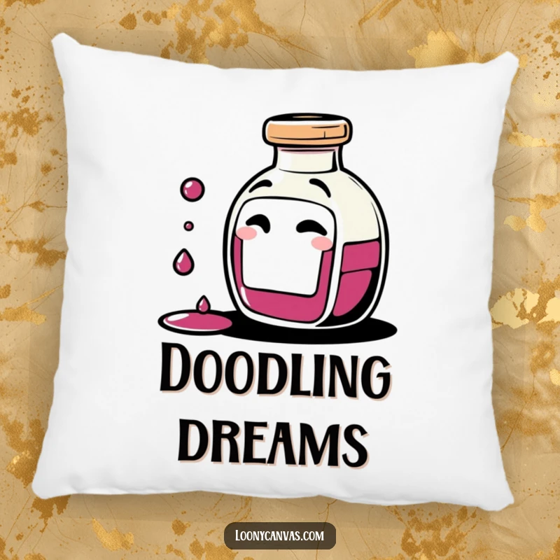 Funny giggling ink bottle character spilling tiny drops of ink with a mischievous wink on a soft pillow, adding creative comfort and artistic flair.