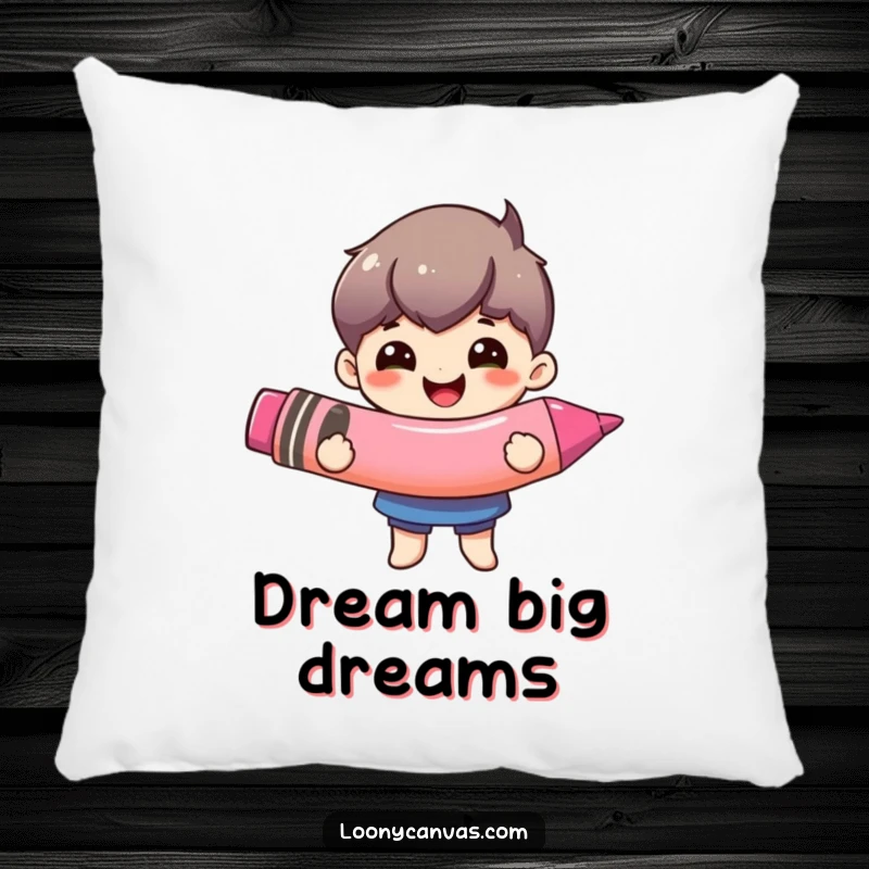 Funny oversized crayon pillow, a happy character cuddling with a comically large crayon. Soft and artistic.