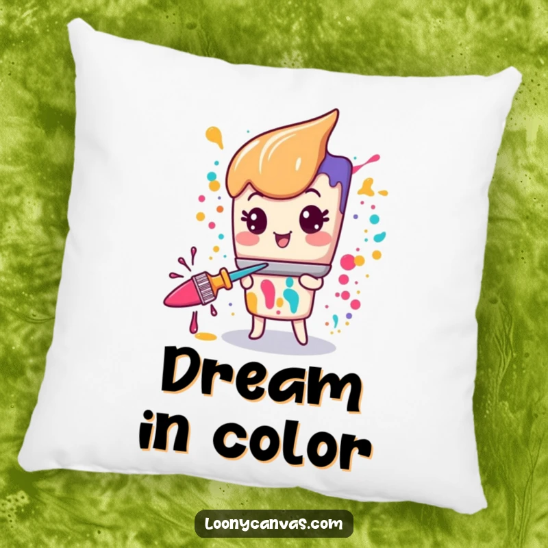 Funny Kawaii paintbrush character in a vibrant paint-splatter frenzy, printed on a plush pillow.