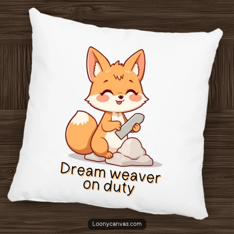 Funny pillow showcasing a cheerful fox character sculpting a cloud with a chisel, bringing whimsical art to comfort.