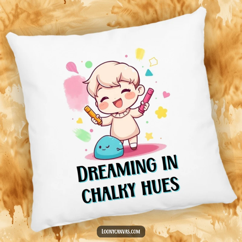 Funny decorative pillow with a gleeful character creating abstract shapes with colorful chalk, adding artistic humor.