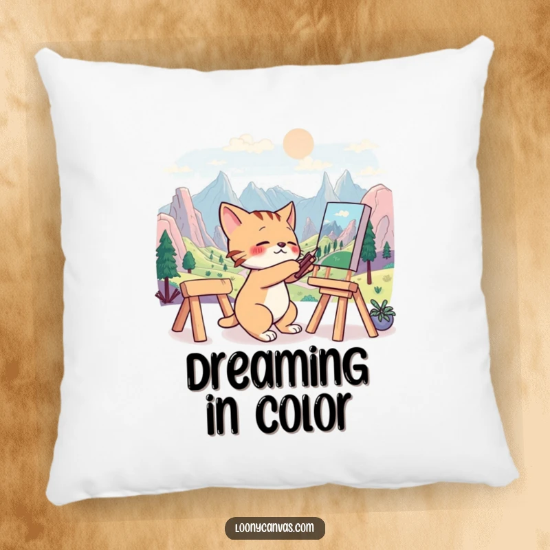 Funny pillow featuring a frantic cat artist painting a surreal landscape, offering creative comfort and a humorous touch.