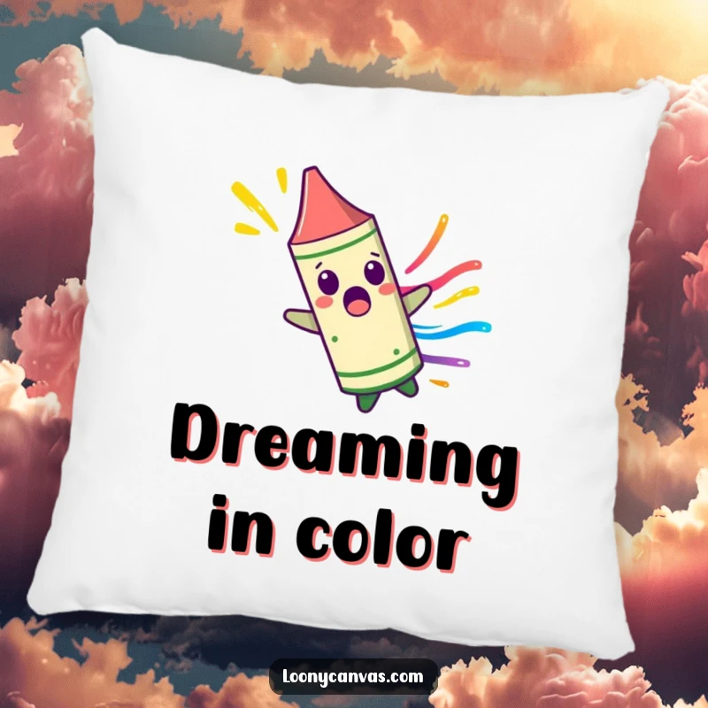Funny surprised crayon character spinning uncontrollably, leaving a colorful streak on a soft pillow, adding playful comfort and vibrant decor.