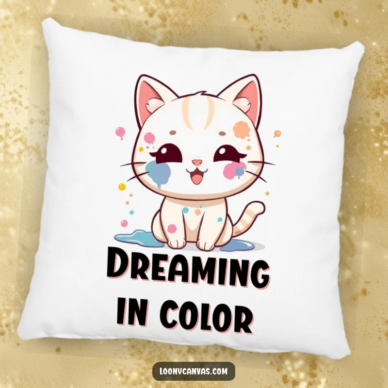 Funny kawaii cat pillow, a cat with paint splatters on its face, gleefully splattering paint, decorative and comforting.