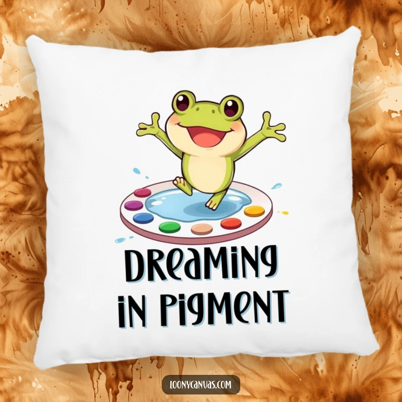 Funny Frog Pillow: A happy frog character joyfully splashing into a vibrant paint palette, adding artistic cheer.