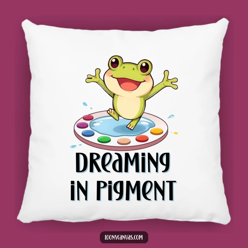 Funny Frog Art Pillow: Cozy Amphibian Painter Cushion, Whimsical Funny Gift!
