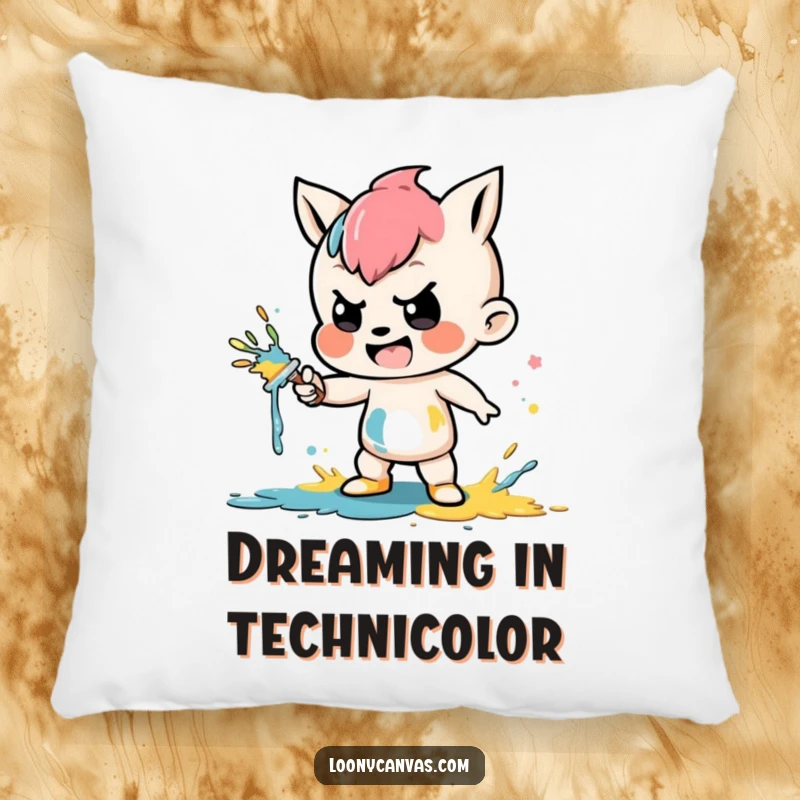 Funny decorative pillow with a mischievous character splattering colorful paint, adding a touch of artistic humor.