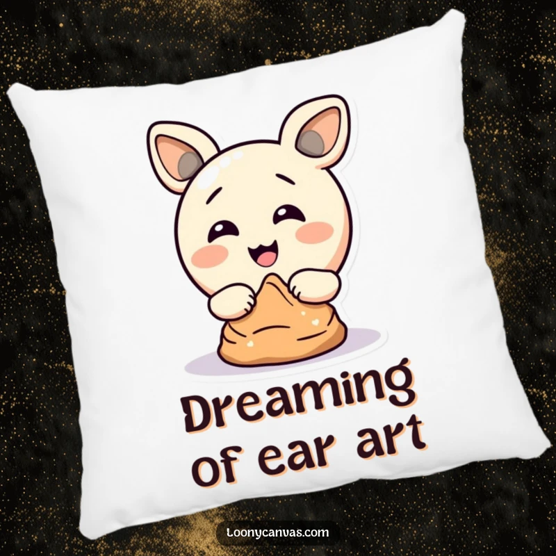 Funny pillow showing a delighted circle character comically using its ears to sculpt clay, offering comfort and a chuckle.