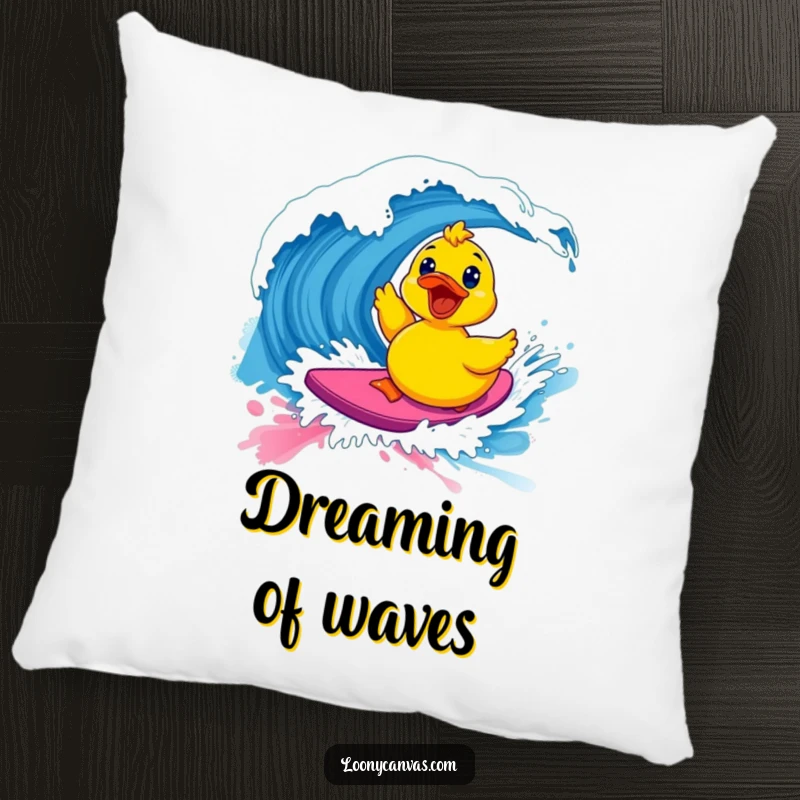 Funny kawaii excited rubber ducky surfing a vibrant paint wave on a soft pillow, perfect for adding humor and art.