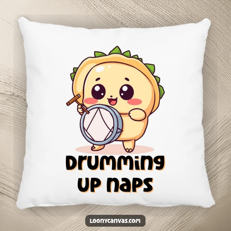 Funny kawaii taco character pillow, a wide-eyed taco playing a tiny drum with gusto, offering comfort and festive decor.