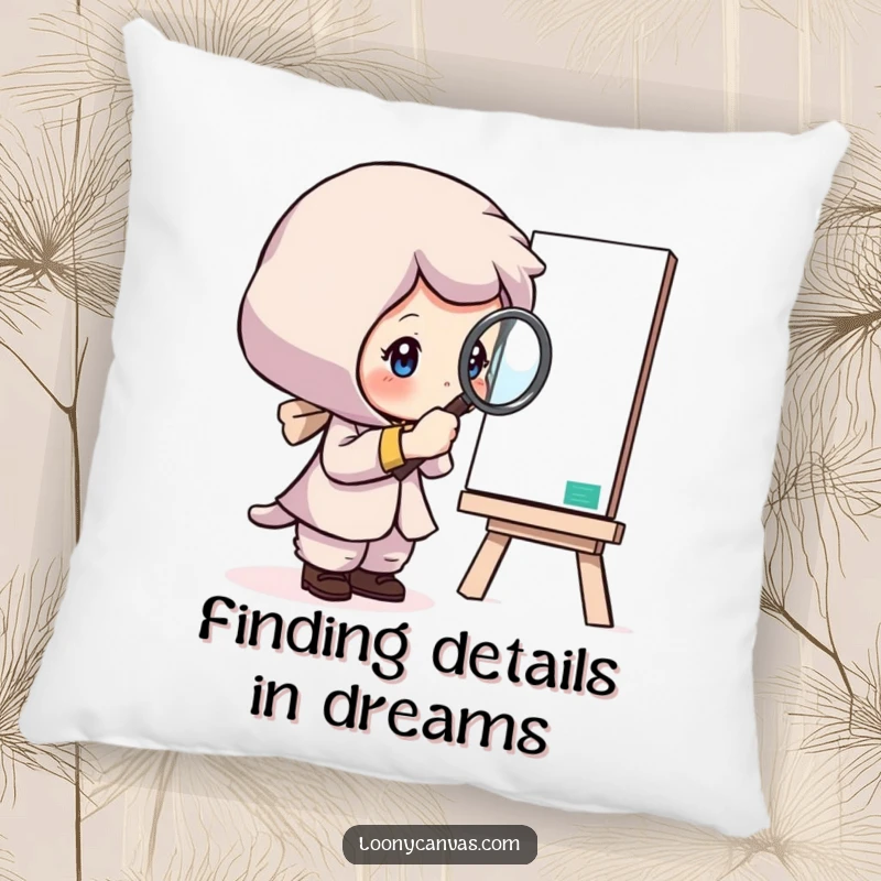 Funny decorative pillow with a curious character examining a canvas with a magnifying glass, perfect for a thoughtful space.