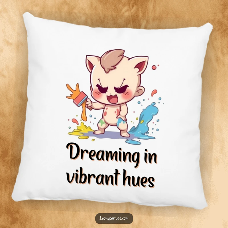 Funny pillow featuring a mischievous character playfully splattering paint, bringing artistic fun and comfort.
