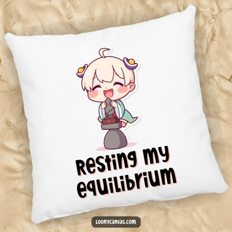 Funny pillow featuring a delighted character attempting to balance a tiny sculpture, a cozy and humorous accent piece.