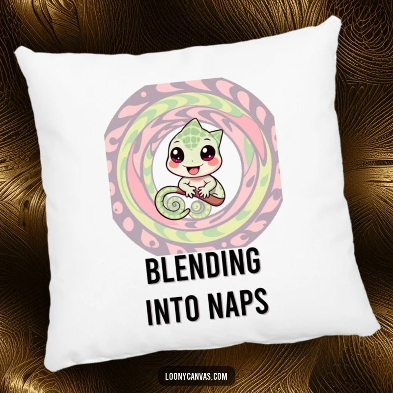 Funny pillow with a cheerful chameleon character blending into a swirling pattern, offering a soft, humorous touch to any room's decor.