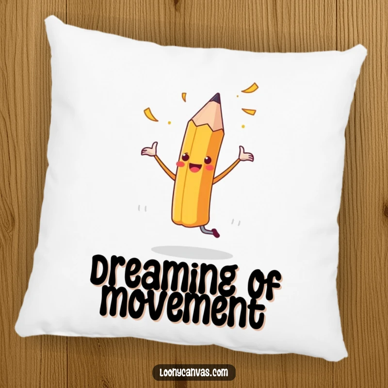 Funny pillow showcasing a cheerful pencil dancing with flying shavings, bringing artistic merriment to decor.