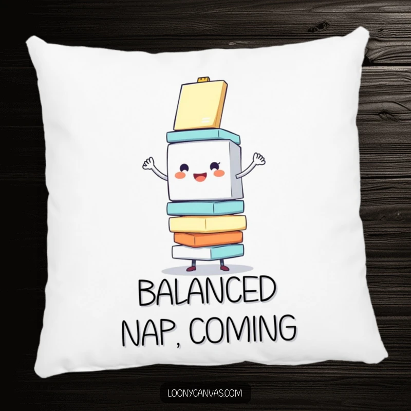 Funny pillow featuring a cheerful cube character enthusiastically balancing a stack of wobbling canvases, providing comfortable and humorous artistic flair.