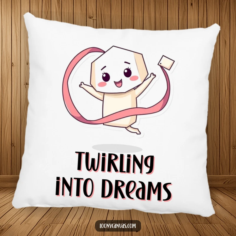 Funny pillow featuring a giddy geometric character happily twirling a long, flowing ribbon, providing soft comfort and cheerful dance vibes.