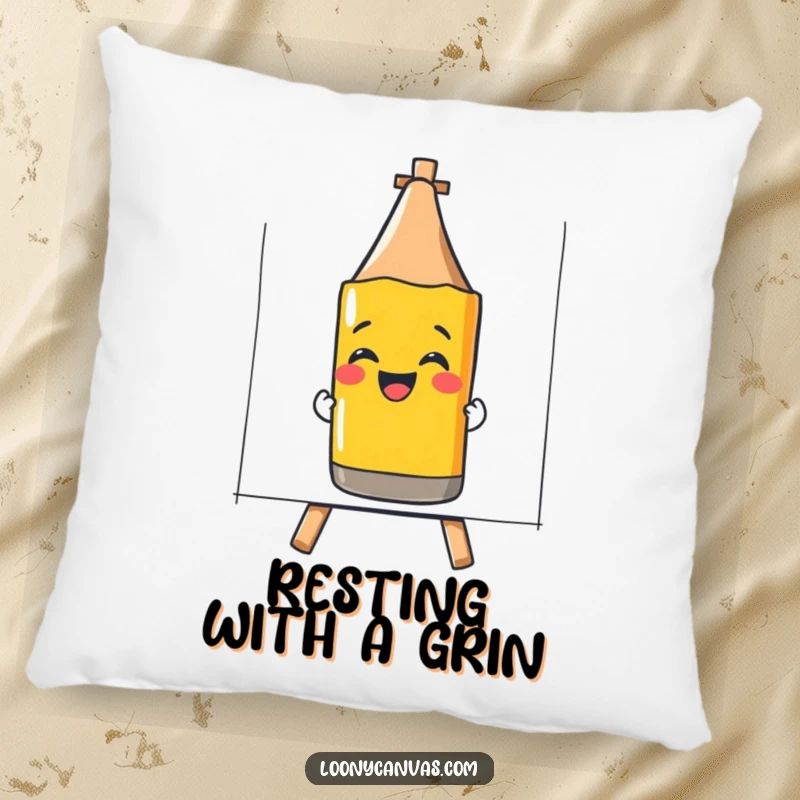 Funny pillow showcasing a giggling crayon drawing a smiley face, bringing artistic cheer to any cozy space.