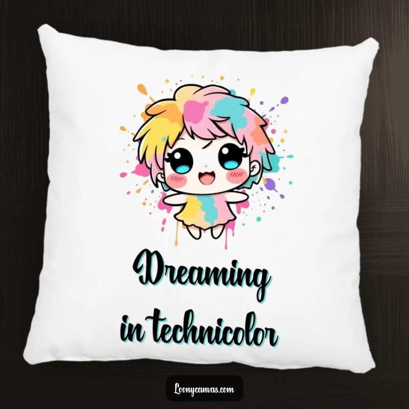 Funny delighted ink blot character splashing with vibrant colors, featured on a soft pillow for humorous comfort.