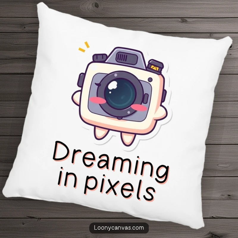 Funny kawaii camera character with a mischievous grin, printed on a soft decorative pillow for a fun photography theme.