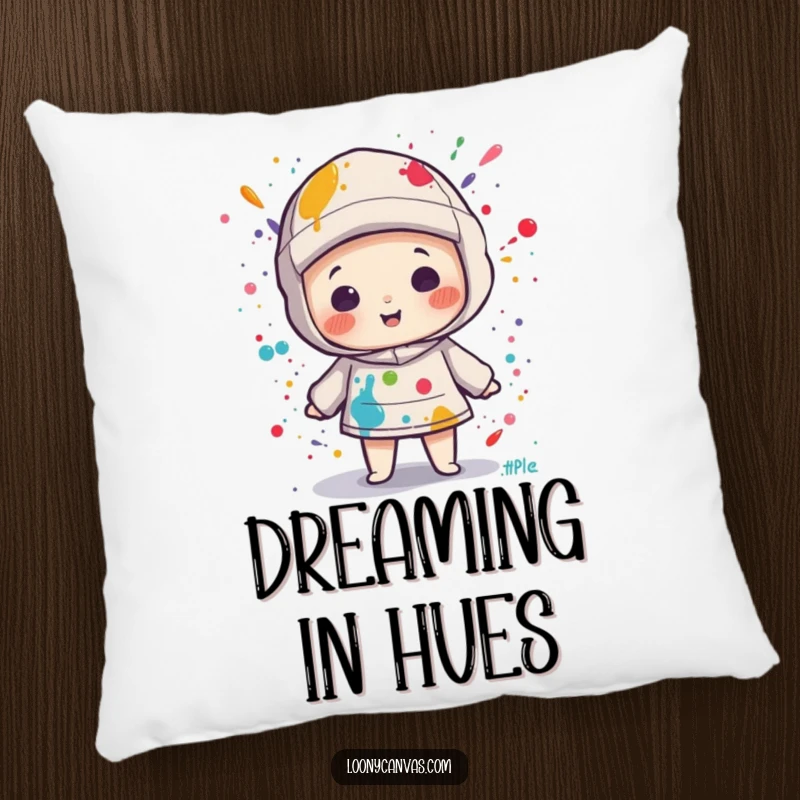 Funny kawaii canvas character playfully splattered with colorful paint, printed on a soft decorative pillow for an artistic vibe.