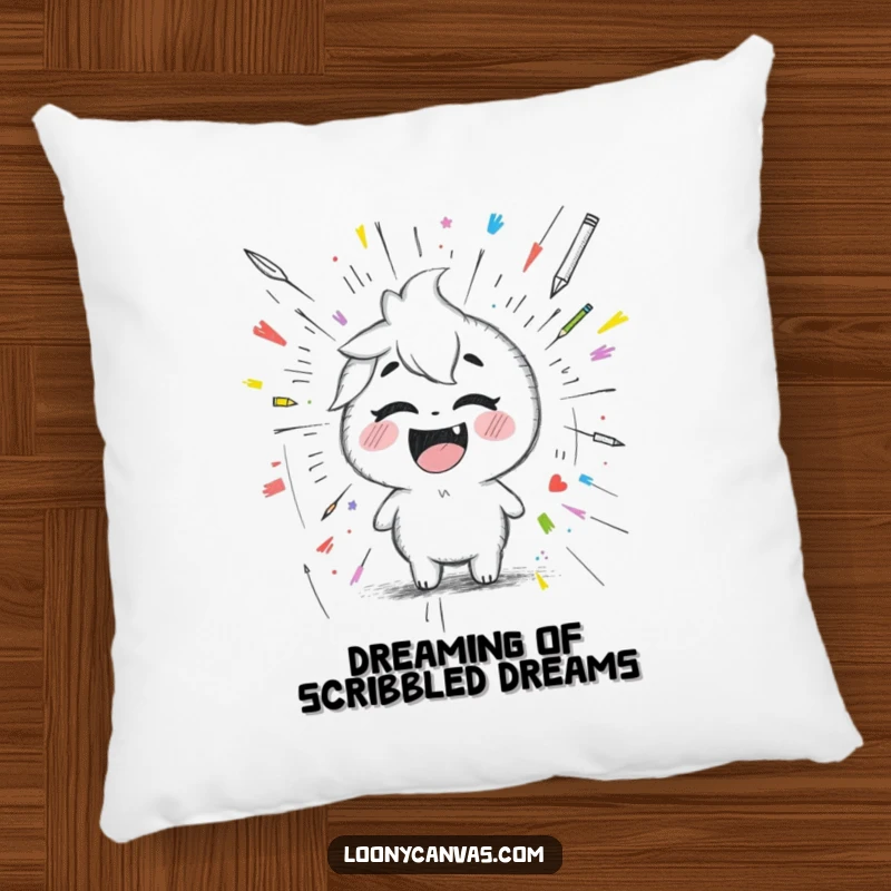 Funny giggling Kawaii pencil character drawing a chaotic scribbled masterpiece, a soft and humorous decorative pillow.