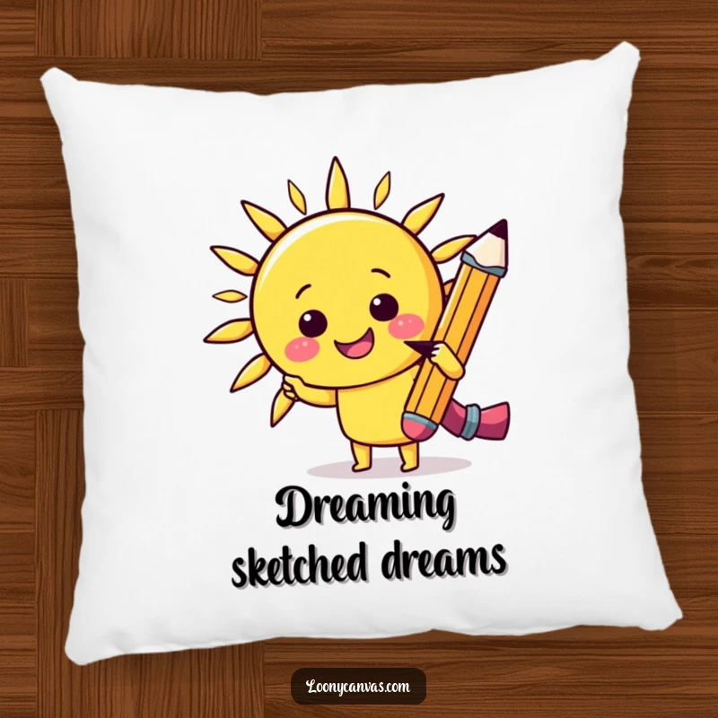 Funny kawaii cheerful pencil sketching a smiling sun on a soft pillow, perfect for adding humor and artful comfort.