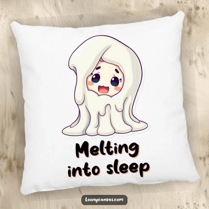 Funny melting art pillow, a surprised character looking at a dripping sculpture. Soft and artistically quirky.