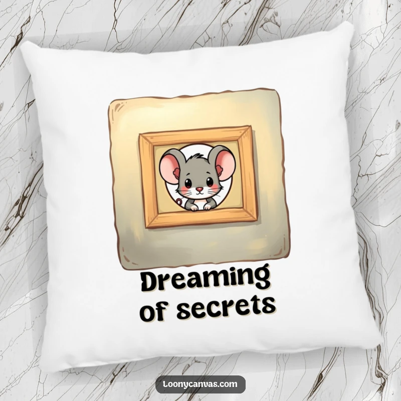 Funny mouse character peeking through a keyhole in a painting, this soft pillow is a funny gift for cozy spaces.