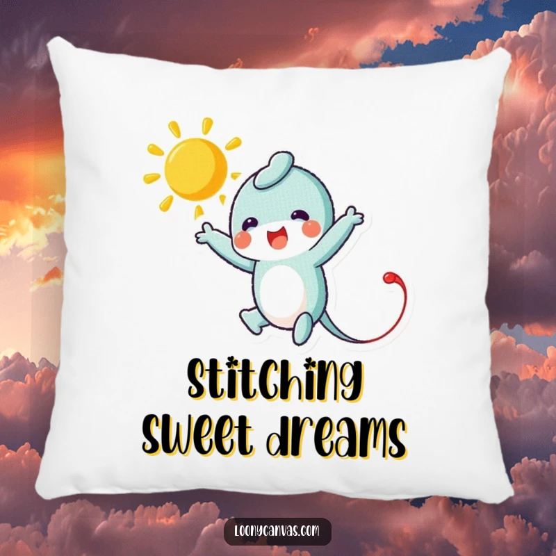 Funny pillow with a leaping needle character stitching a bright sun, offering a soft, humorous accent for sofas and beds, perfect for crafters.
