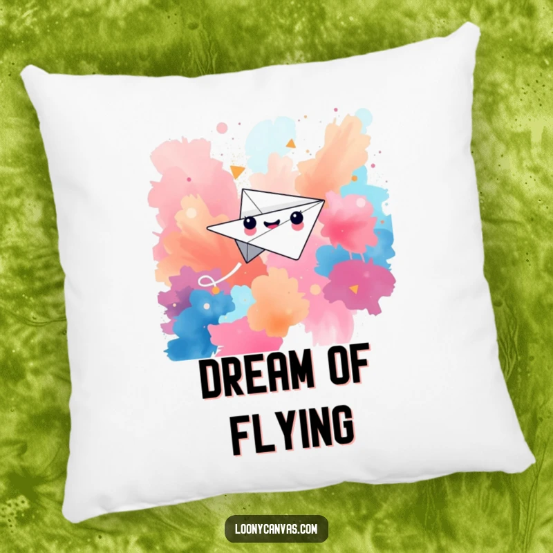 Funny pillow showcasing a happy paper airplane character soaring through a vibrant, abstract background, ready for adventure.