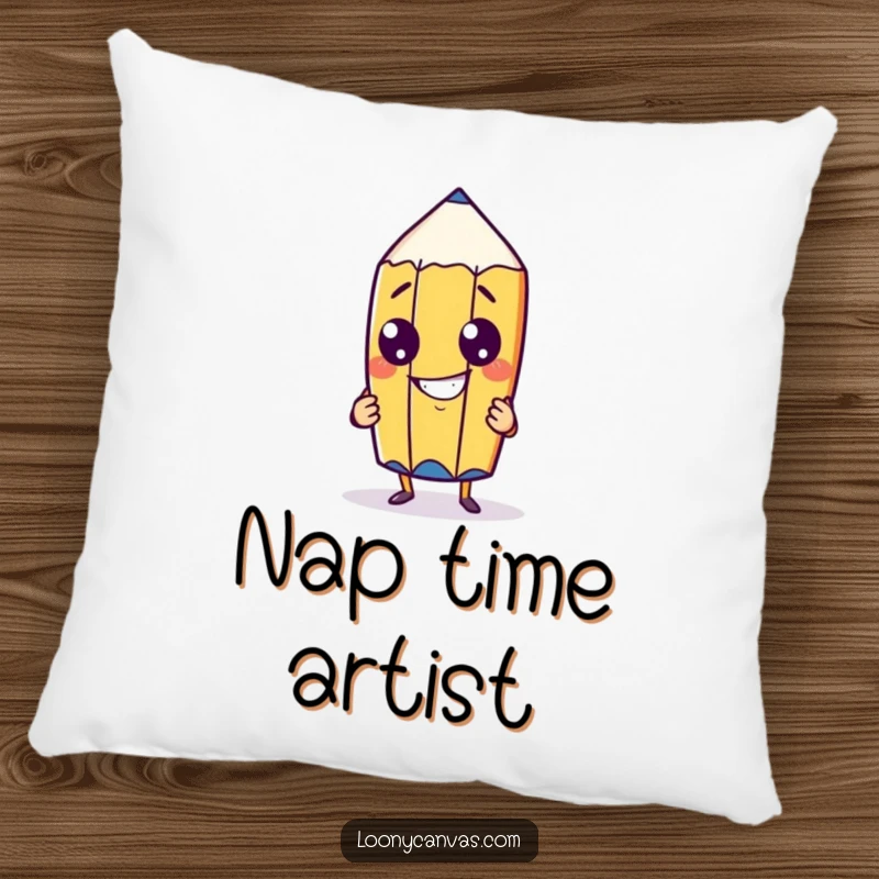 Funny cheeky pencil character with a goofy grin drawing itself on a soft pillow, adding artistic comfort and humor to any room.