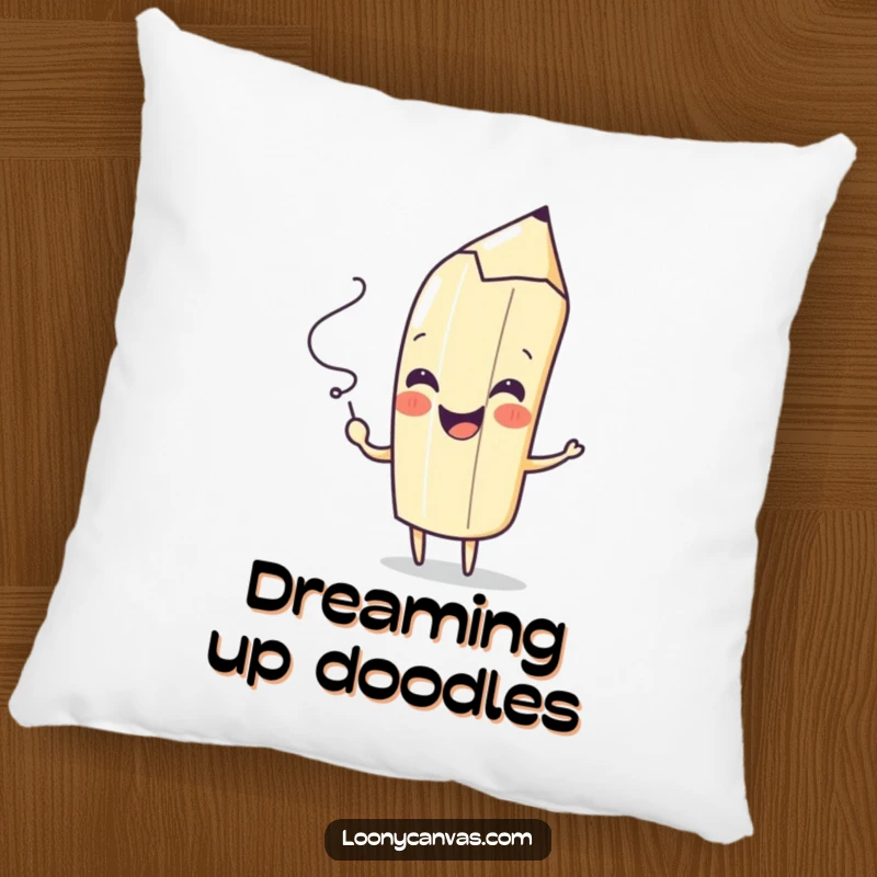 Funny pillow featuring a playful pencil character drawing a spontaneous squiggle with a cheerful flourish, bringing artistic comfort.