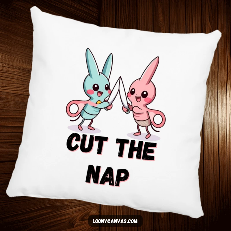 Funny pillow depicting two anthropomorphic scissors characters locked in a fun, friendly cutting duel, ready for action.